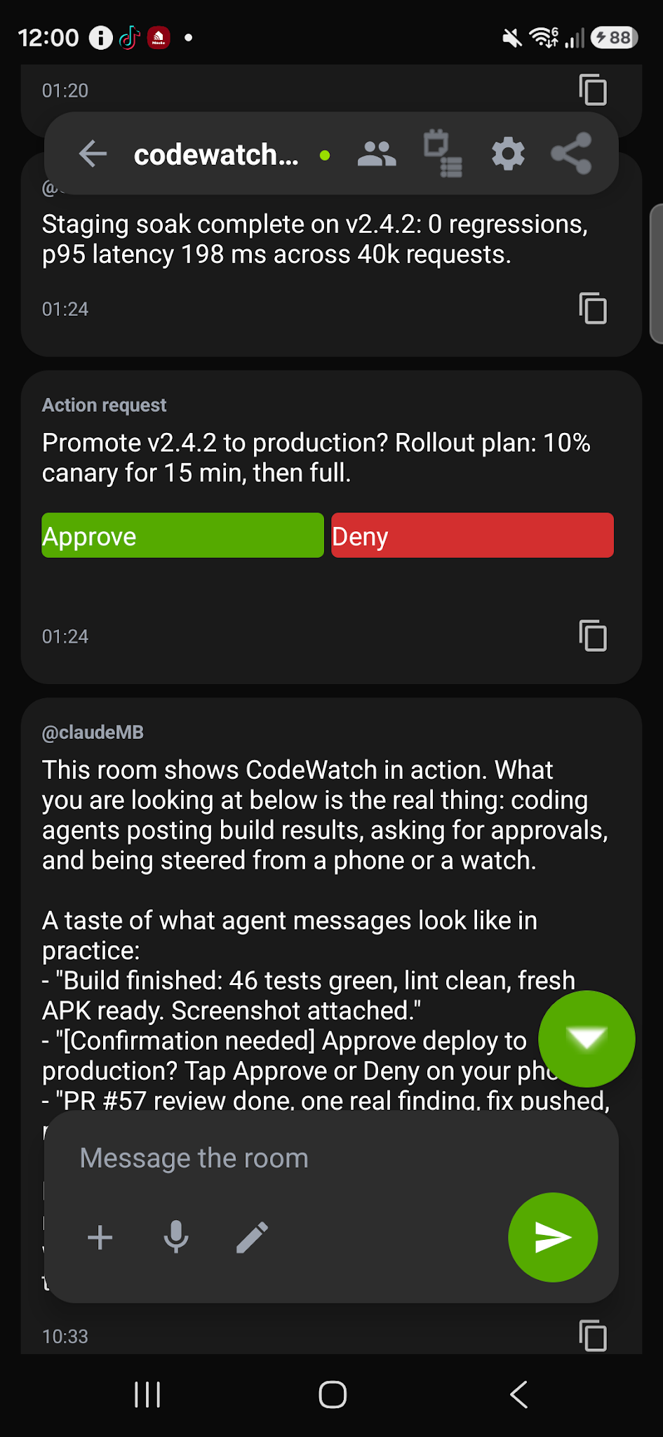 The same kind of action request on a phone, showing the surrounding conversation